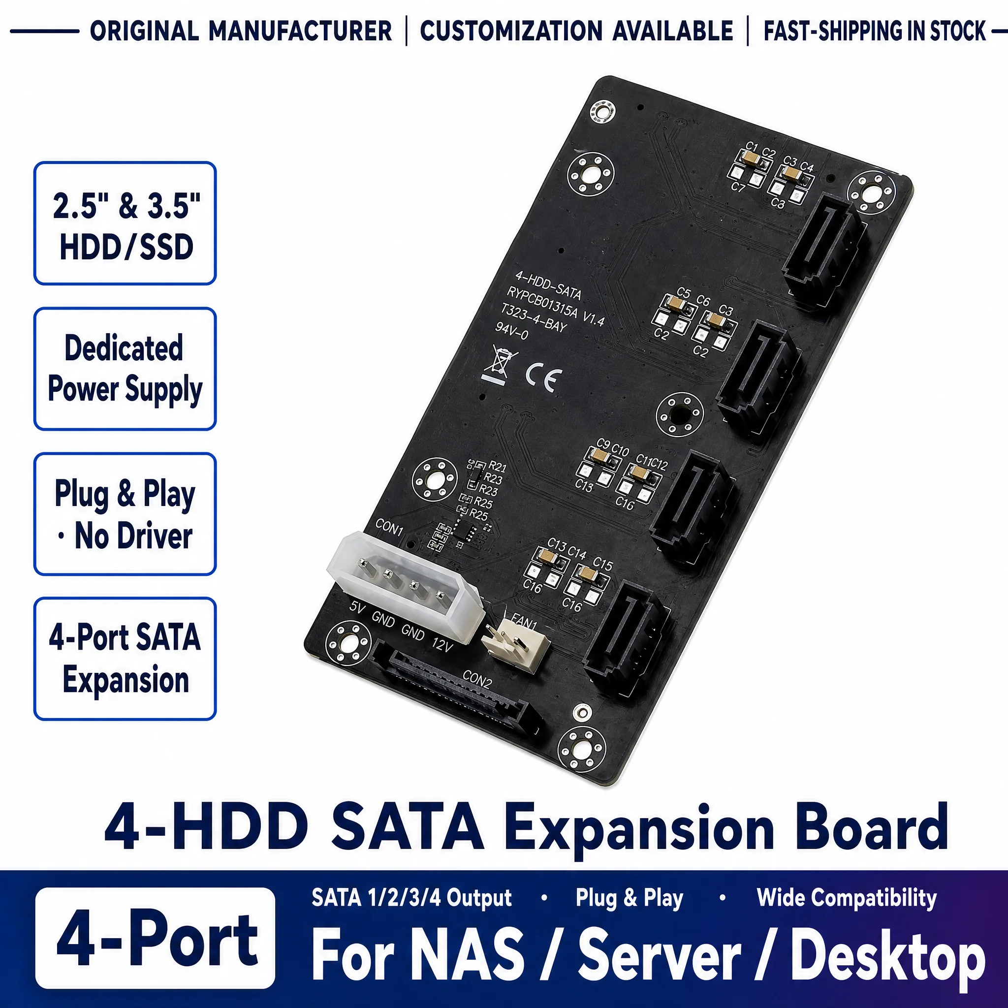 4 HDD SATA Backplane 6Gbps, SATA Hard Drive Expansion Board for NAS Chassis Server Desktop 2.5/3.5 inch SSD HDD