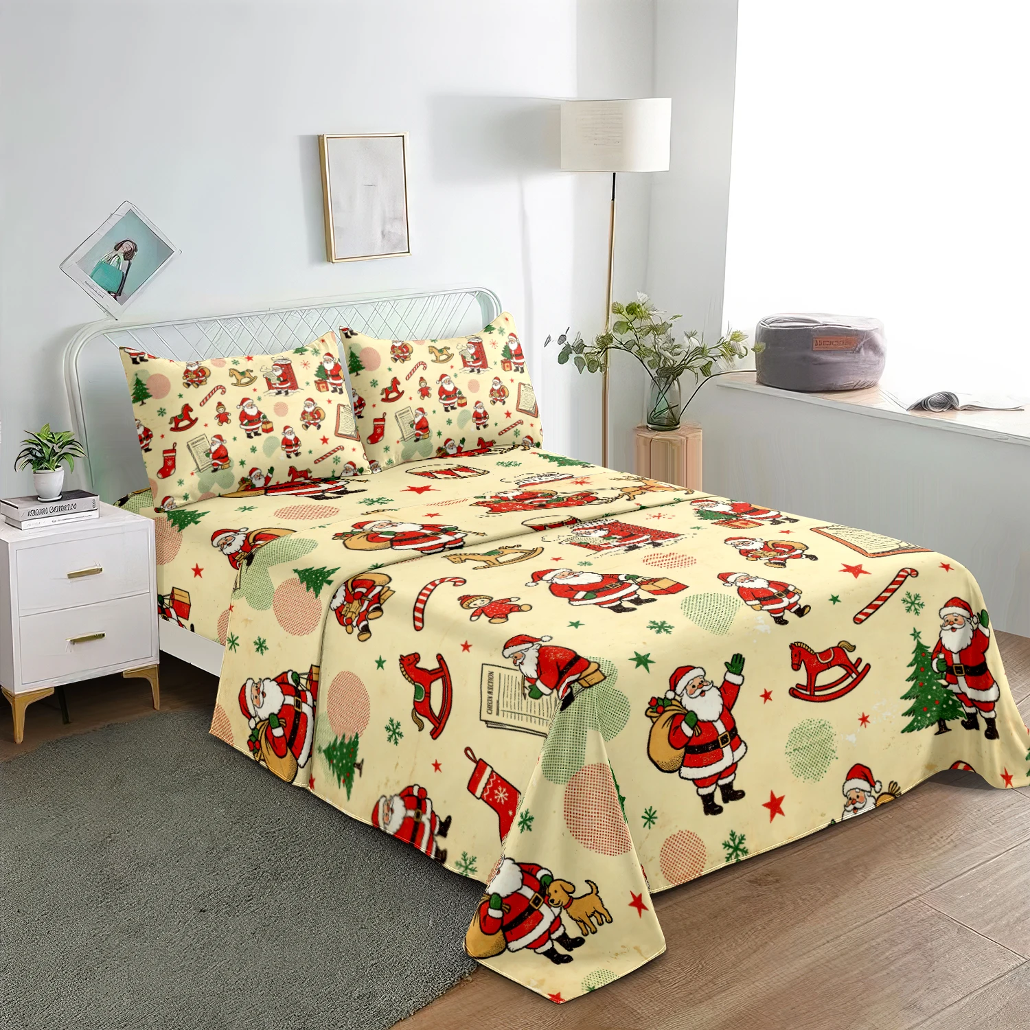 4Pcs Vintage Xmas Bedding Set, Retro Santa Claus Gift Bag Christmas Tree Stocking Print Fitted Sheet Flat Sheet, Family Bedrooms