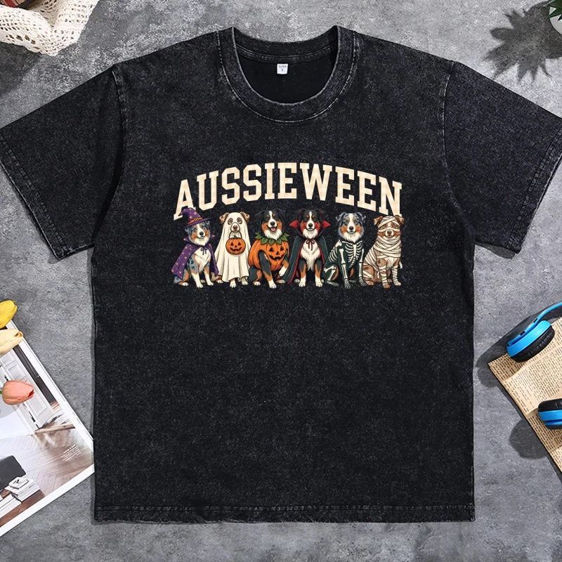 Aussieween Shepherd Halloween T Shirt Cotton Short Sleeve Dog Mom Halloween Tee Casual Round Neck Printed Short Sleeve Tshirts