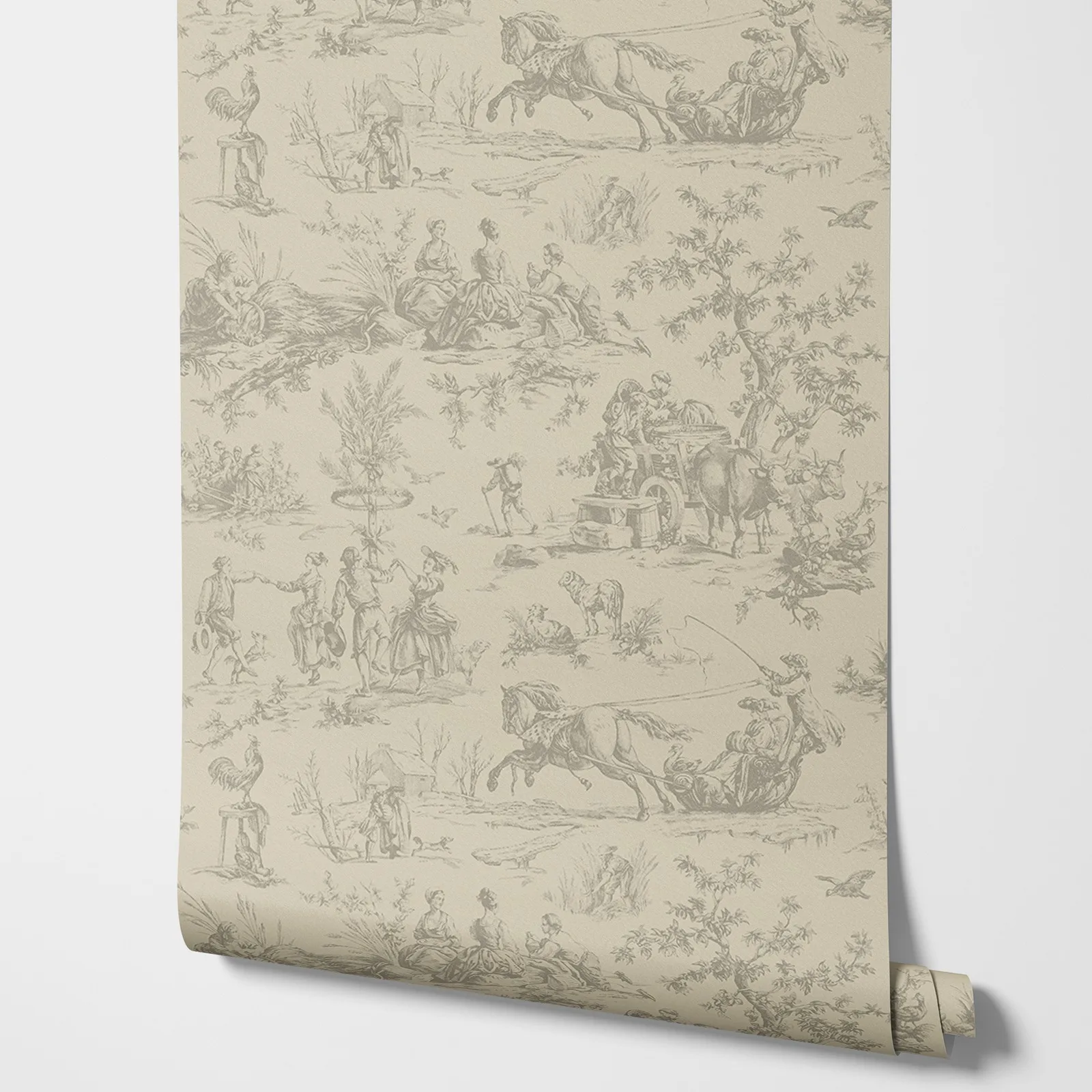 Seasons Toile Grey Wallpaper with farm life style in Desert color