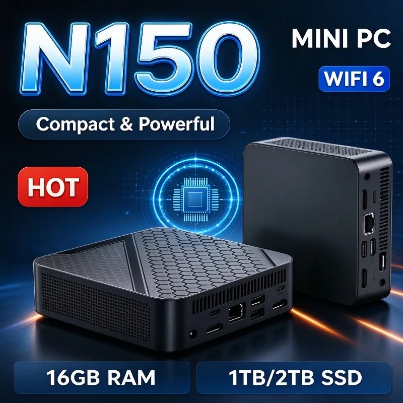 N150 Compact Mini PC Honeycomb Heat Dissipation Multiple Interfaces Space Saving Portable Desktop Computer for Office Home