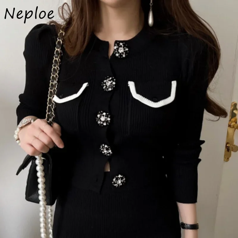 Neploe O Neck Contrast Color Stripe Long Sleeve Outerwear Single-breasted Sweater Autumn Winter Jacket Vintage Cardigan Women