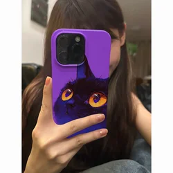 Korean INS Style Purple Background Black Cat Lovely Cute Phone Case for iPhone 15 14 11 12 13 Pro Max Plus Back Cover