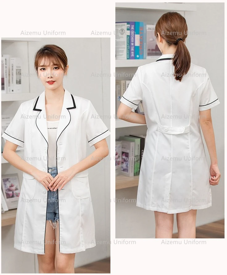 新しい黒の美容師ユニフォーム、美容師ドレス、サロン作業服、スパ作業服ロゴ入りスクラブコート、スパ用白ローブ（実験用）