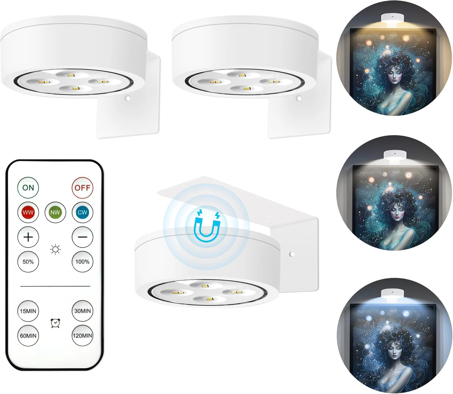 

3Pcs Battery Operated Picture Light Magnetic Led Painting Light 3 Lighting Modes with Remote Dimmable Timer Art Display Light