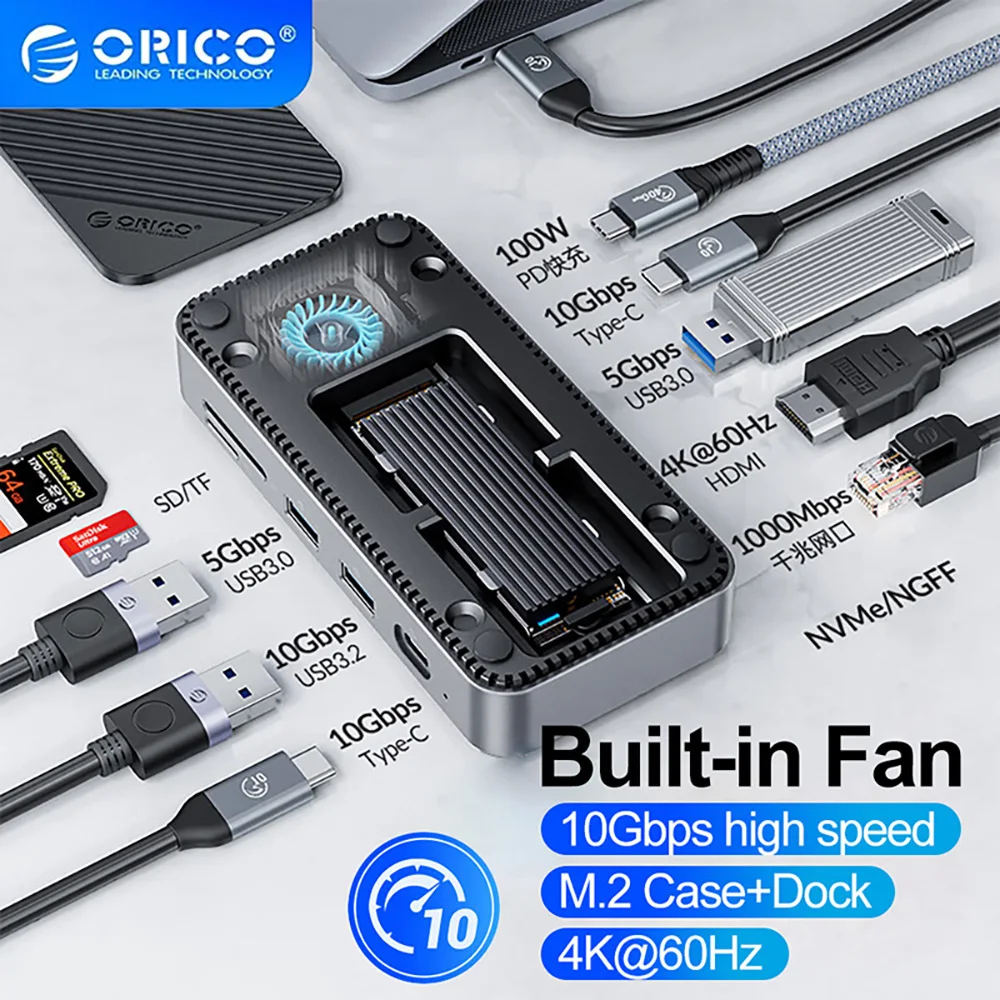 ORICO USB C HDD Docking Station with Cooling Fan M.2 NVMe SATA SSD Enclosure 10Gbps PD100W RJ45 SD/TF 4K for Laptop Macbook Pro