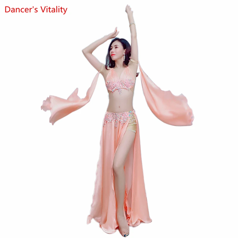 Belly Dance Competiton Costume Set for Women Bra+senior Satin Stones Long Skirt 2pcs Bellydancing Exotic Dancewear Girl's Suit