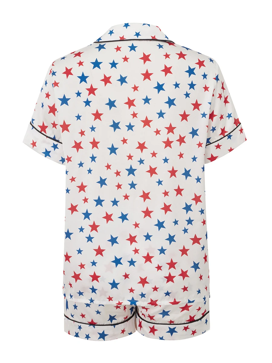 Conjunto de pijamas femininos do 4 de julho com estampa de botão e manga curta com shorts Conjunto de 2 peças para verão