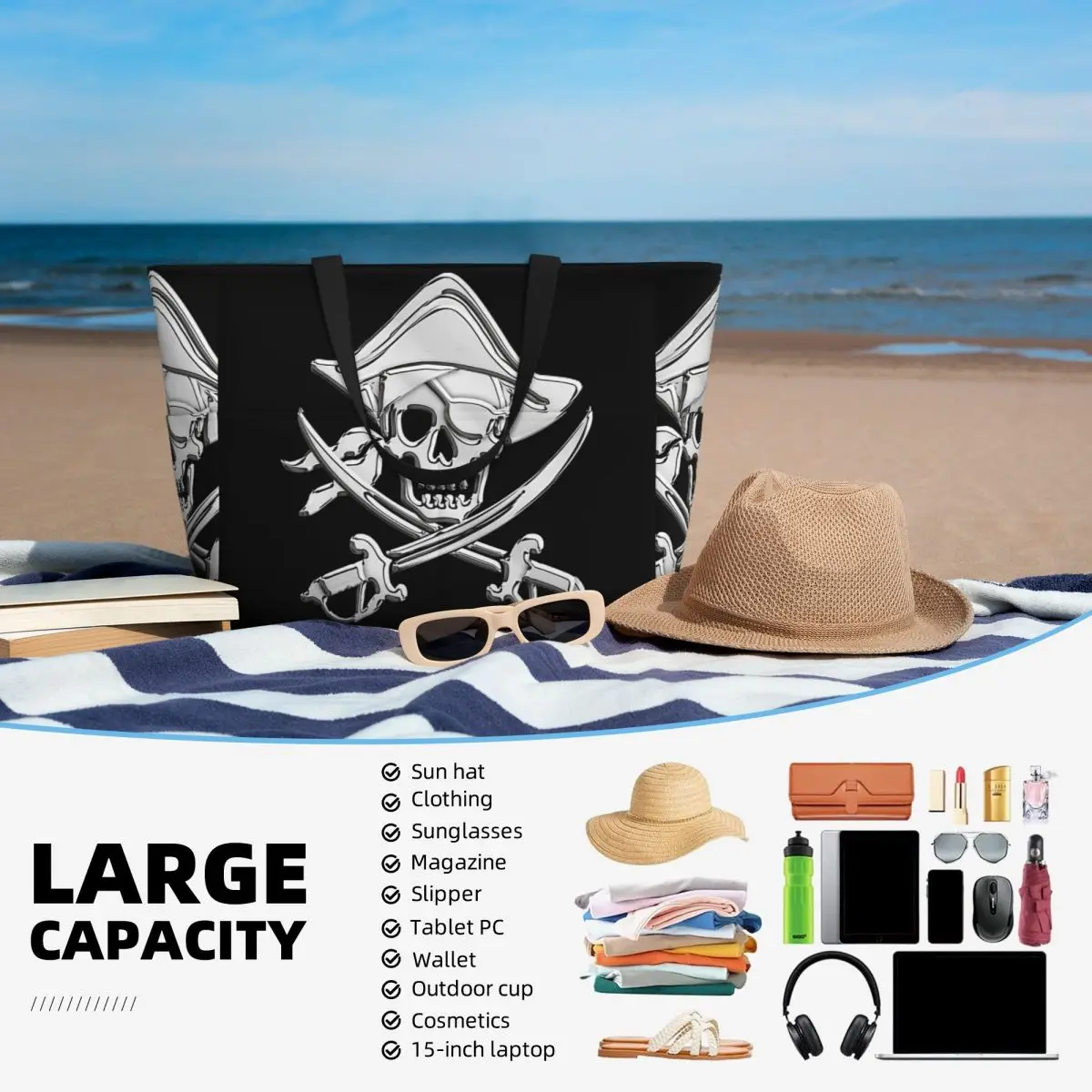 الكروم بحري القراصنة عظمتين متقاطعتين حقيبة حمل على الشاطئ الرياضة رياضة اليوغا واق من المطر كبير حمل حقيبة المرأة حقيبة سفر حقيبة اللياقة البدنية