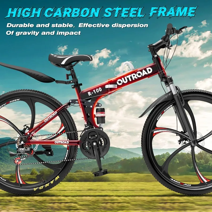 26 دراجة جبلية قابلة للطي للبالغين والمراهقين 21 سرعة تعليق كامل مع إطار فولاذي عالي الكربون فرامل قرصية مزدوجة سريعة الإصدار