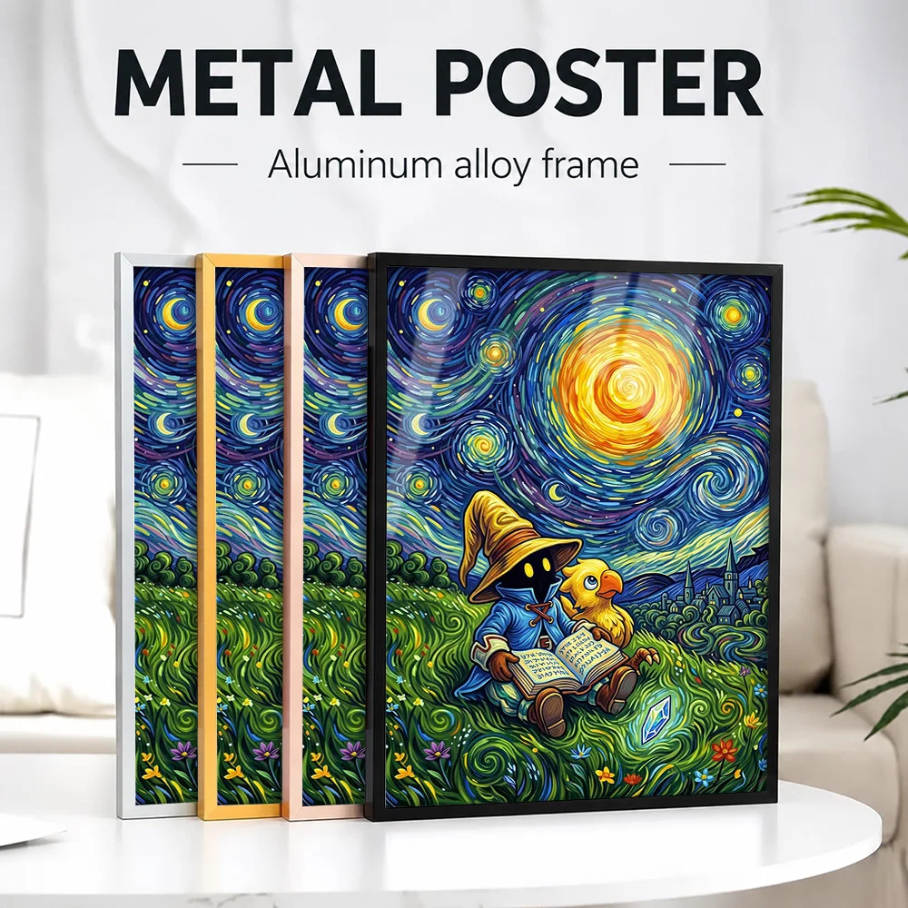 Final Fantasy Starry Night Mashup Framed Metal Poster Personalized Photo Heroic Quest Style Wall Art For Library Birthday Gift