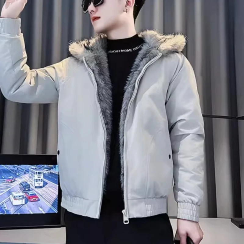 

Зимняя мужская повседневная куртка 2025 года, теплые и толстые куртки с капюшоном из искусственного меха, модная уличная одежда, социальное пальто-парка, мужская одежда