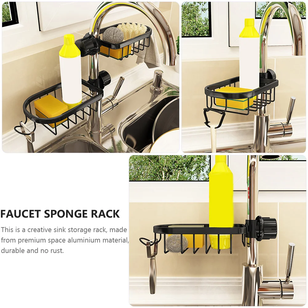 

Aluminium Faucet Mounted Sink Storage Rack Premium Sponge Holder Rust Resistant Draining Shelf Kitchen Cleaning Cloth