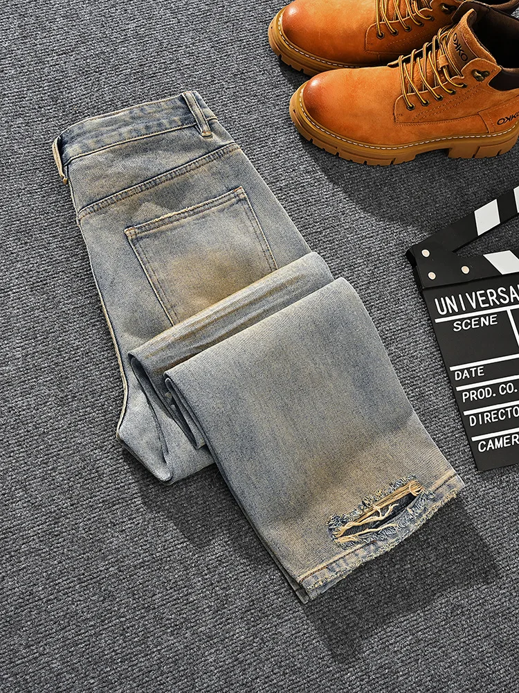 

Street retro vintage vintage loose straight hole patched jeans men's fashionable vintage denim fabric wide leg pants