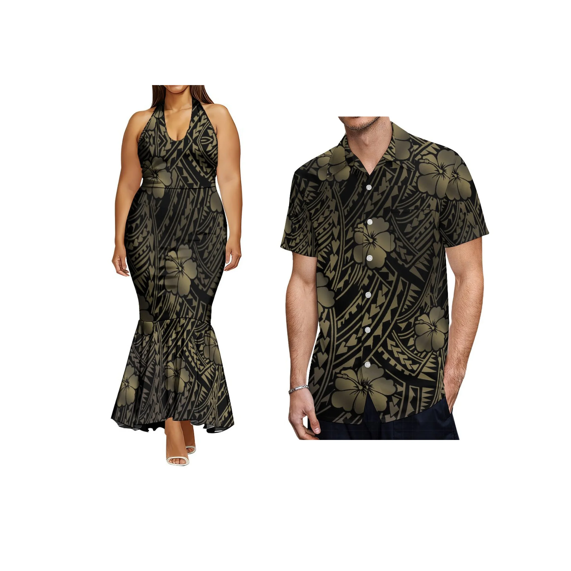 

2025 New Custom Couple Clothes Hawaiian Print Lace-up Dress Women Side Zipper Sleeveless Mermaid Dress Plus Size Aloha Men Shirt