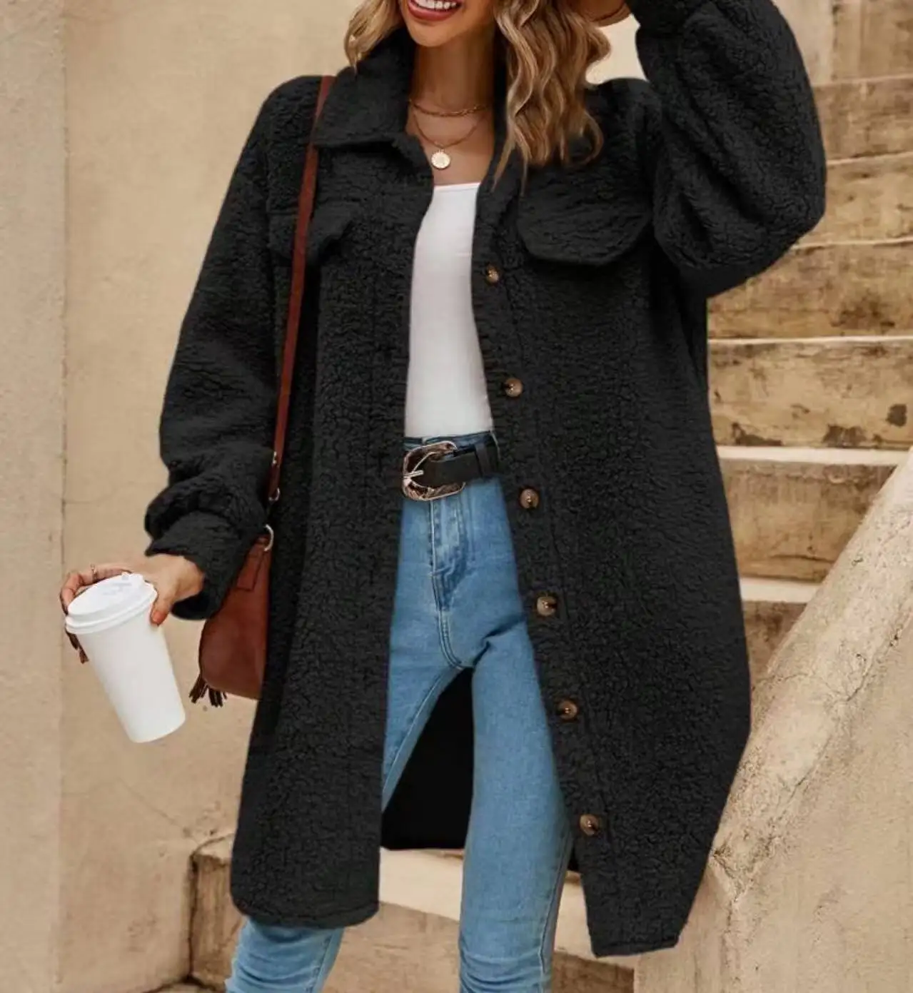 2025 New Fashion Button Plush Long Coat Women Winter Casual Loose Solid Color Lapel Sleeve Cardigan Jacket For Women