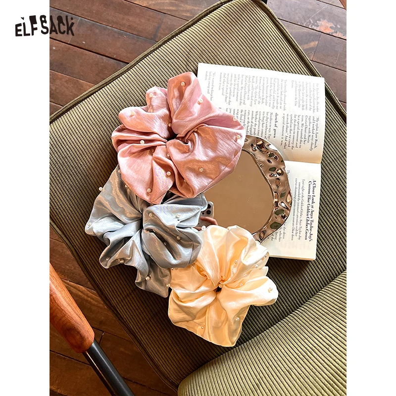 

ELFSACK 2025 Summer New Arrival French Pearl Satin Scrunchies Elegant Luxe Hair Tie for woman