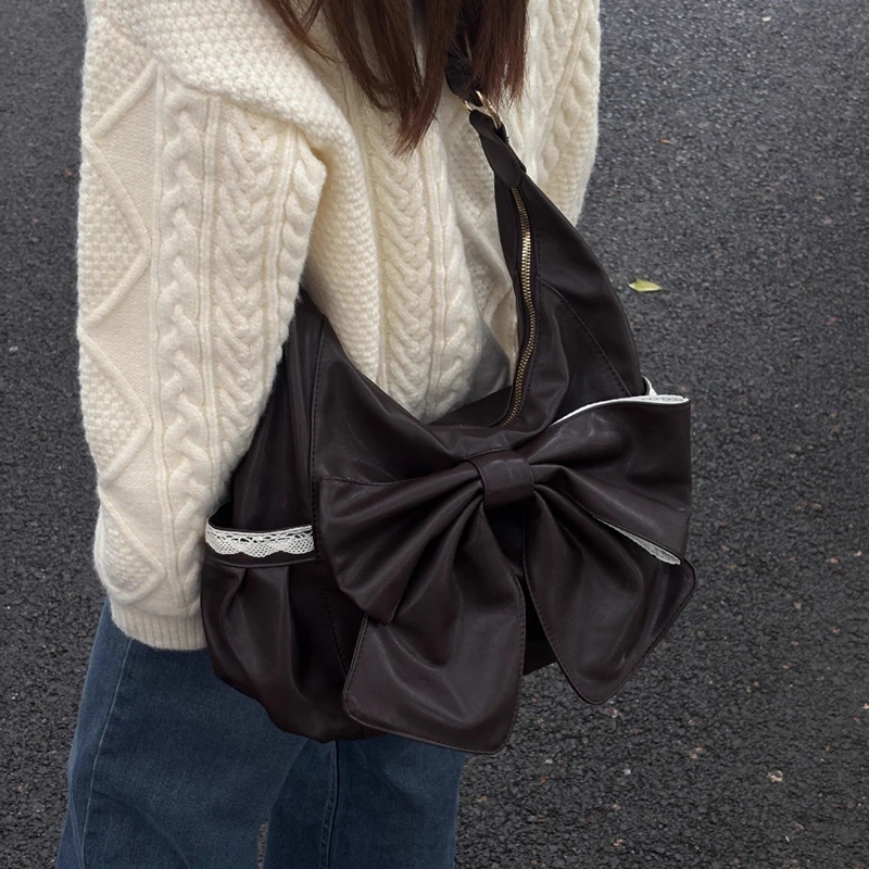 

Большая сумка через плечо из мягкой кожи в стиле ретро с кружевной кромкой и галстуком-бабочкой для студентов, повседневная сумка через плечо для поездок на работу и большой вместимости