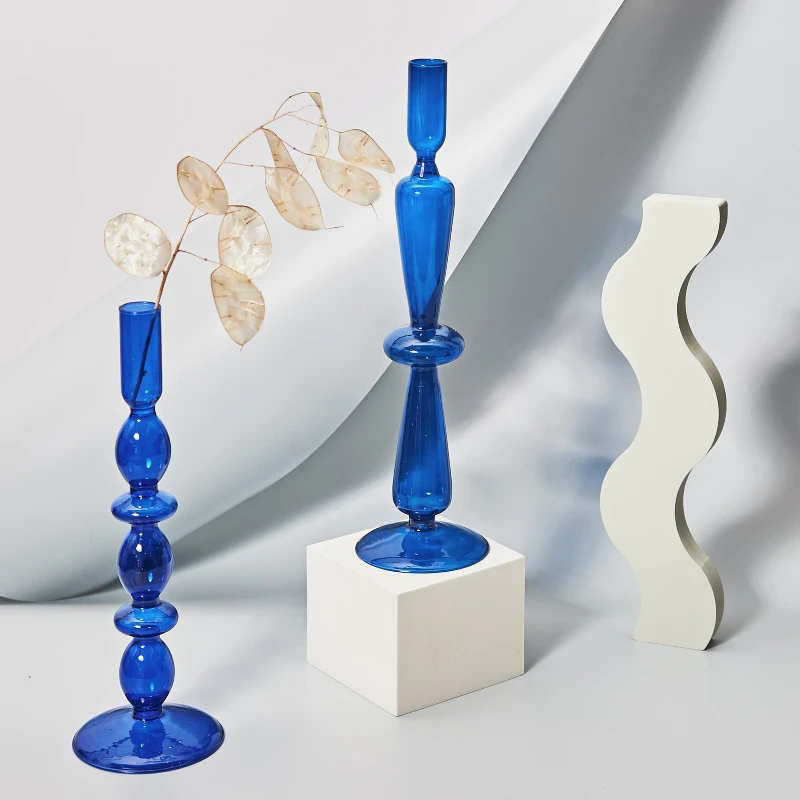 Blue Glass Candle Holder Candlesticks for Wedding Birthday Holiday Home Decoration Modern Decorative Glass