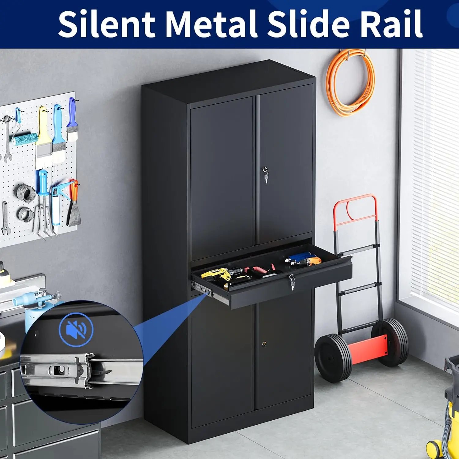 Metal Garage Storage Cabinet with Locking Doors and Adjustable Shelves, Tool Storage Cabinet with 1 Drawer - 71" Steel Locking C