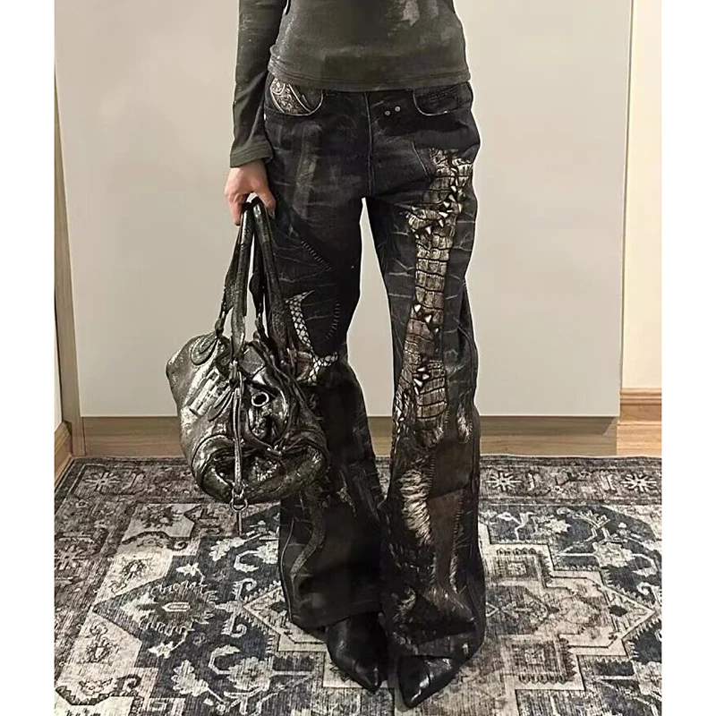 Grunge Python นูนช่างไม้ไม่สมมาตรกางเกงยีนส์ Gothic Dark Street Micro Flares กางเกง CROSS Patchwork กางเกงยีนส์สีดํา