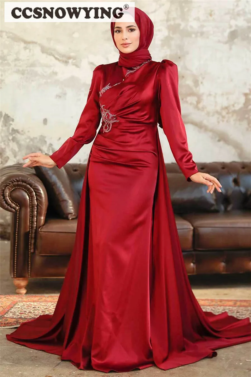 

Satin Appliques Muslim Evening Dresses Long Sleeves Hijab Formal Party Gown High Neck Arabic Dubai Islamic Robes De Soirée