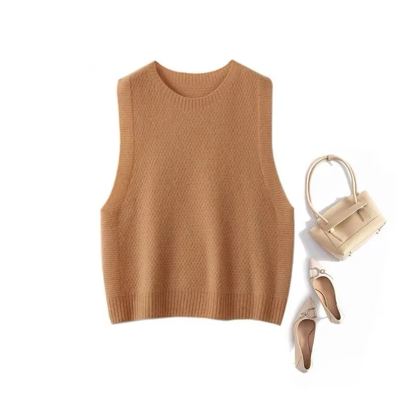 2024 Autumn/Winter Premium Feel 100% Wool O-Neck Seamless Knitted Vest Pullover Fashion Solid Simple Versatile Sleeveless Tops