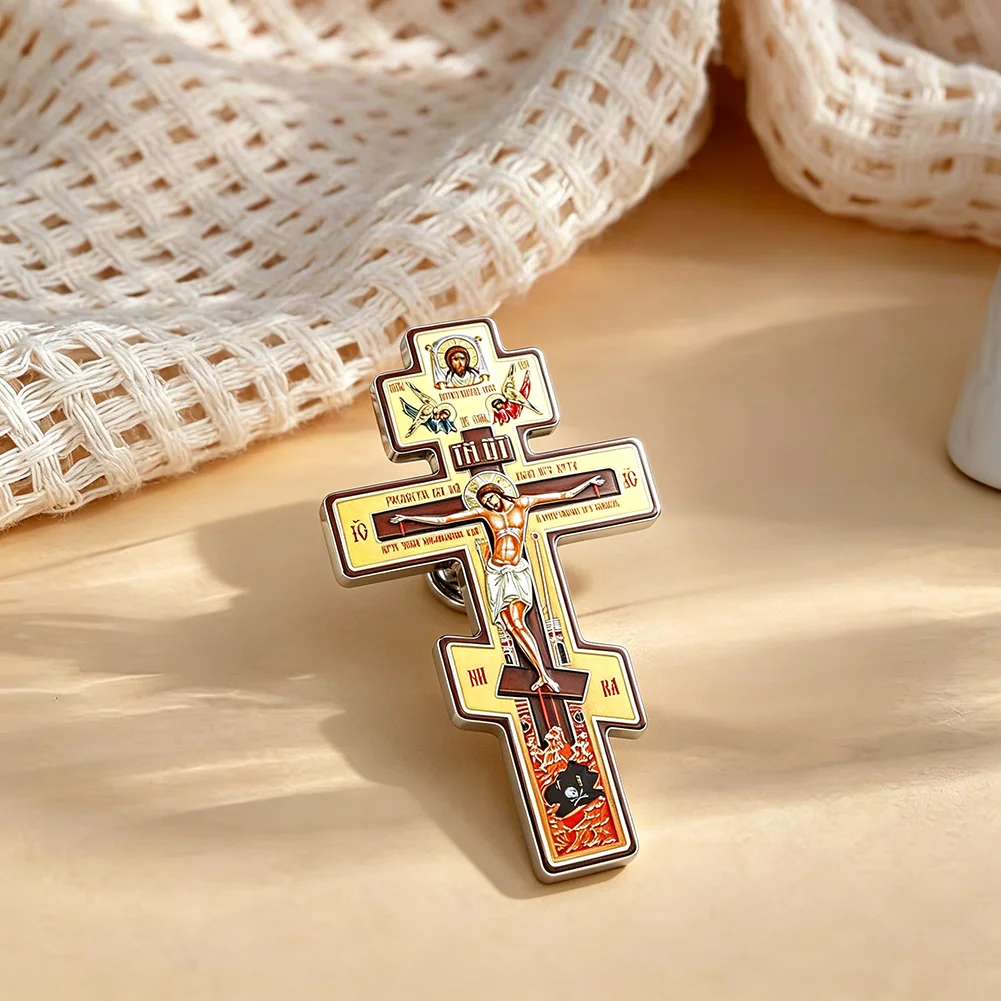 Russian Orthodox Cross Broochs for Women Men Stainless Steel Byzantine Crucifix Christian Religious Protection Jewelry Gifts