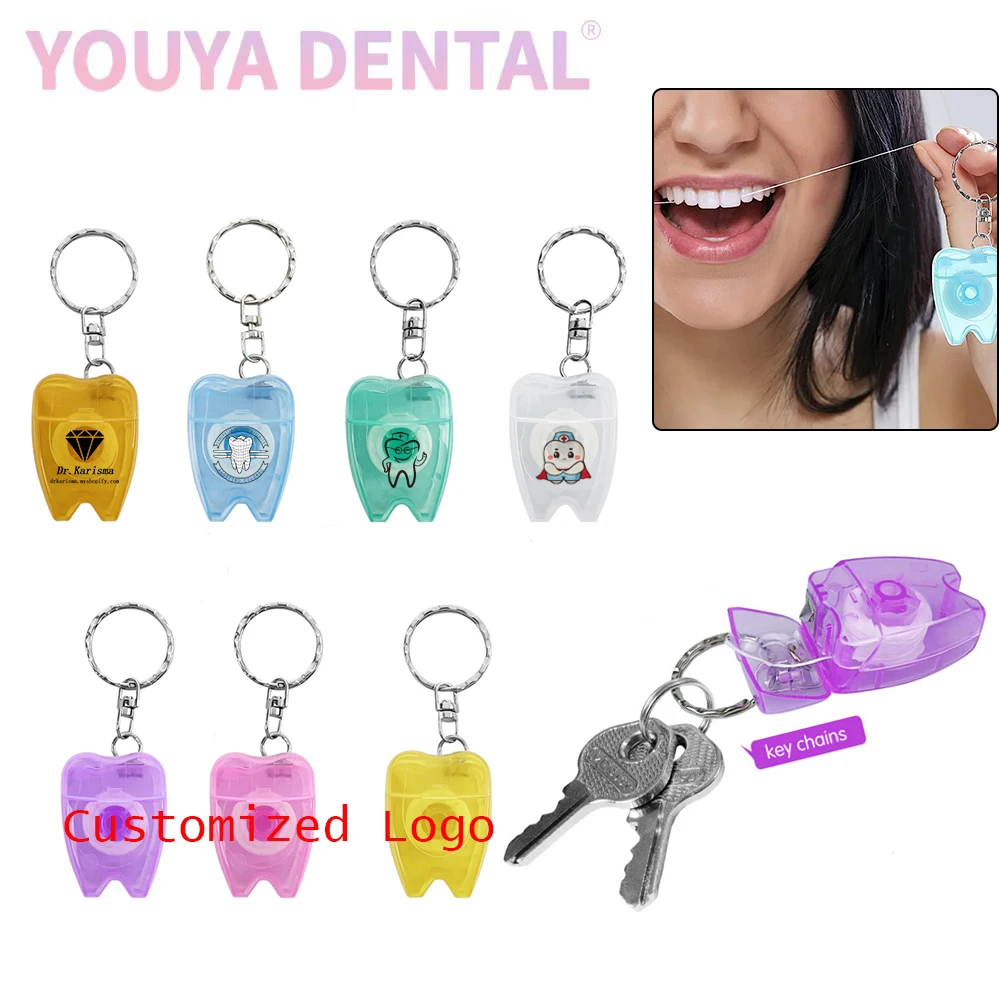 

500 Pcs Dental Floss Keychain 15m Dental Floss Oral Cleaning Floss Stick Customized Exclusive Logo Badge Dental Clinic Gift