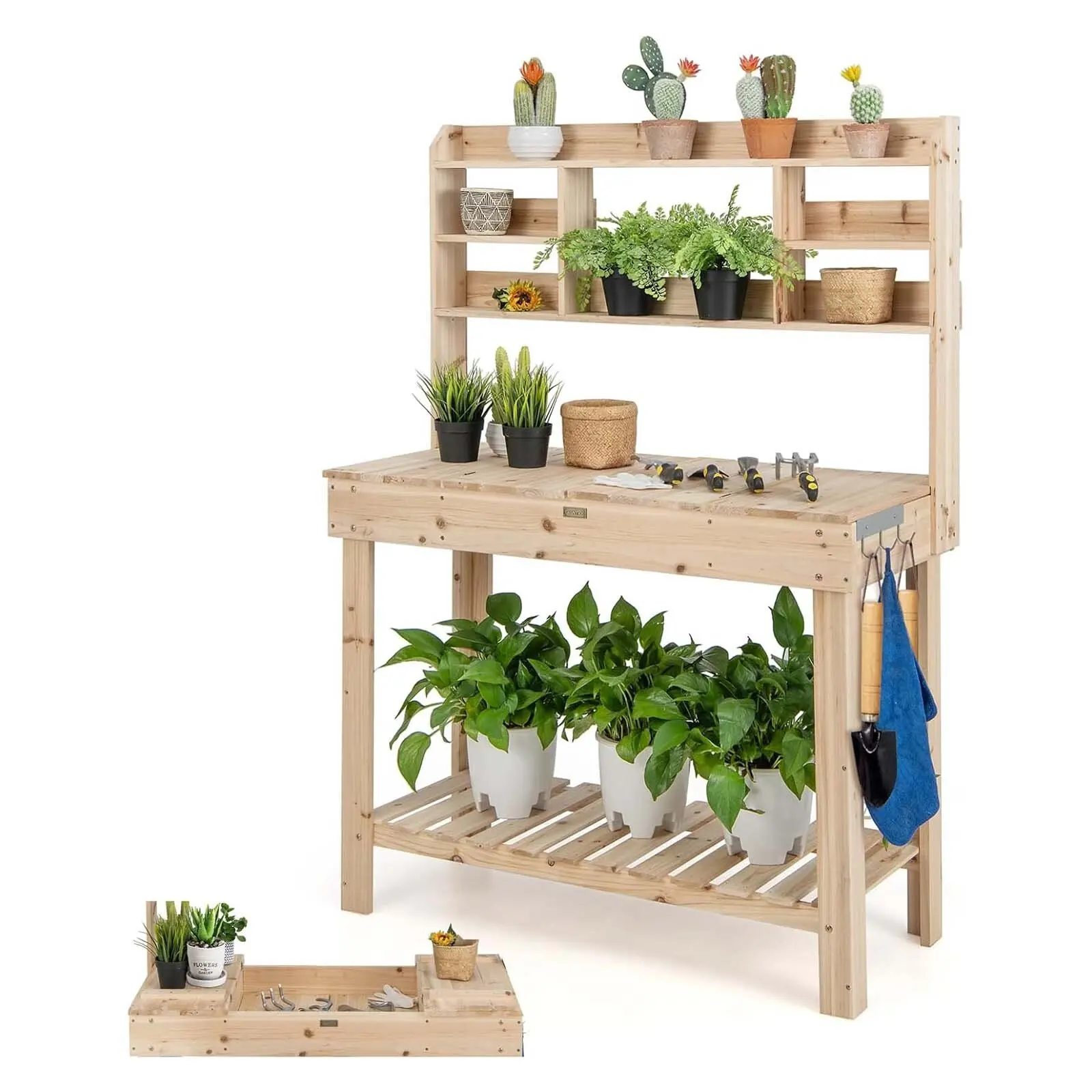 Pflanzentisch mit aufklappbarer Tischplatte, Gartentisch aus Holz, Arbeitstisch mit 3 Haken und Regalen, Blumentisch für Terrasse, Garten