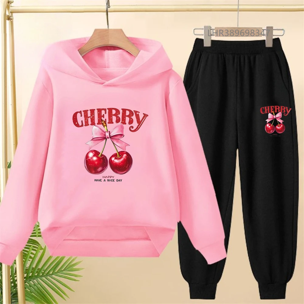 Cherry Pattern Kids Hoodie 3-12 Years Boys Girls Red Casual Tops+Pants Sets Long Sleeves Autumn Fashion Print Children Clothes