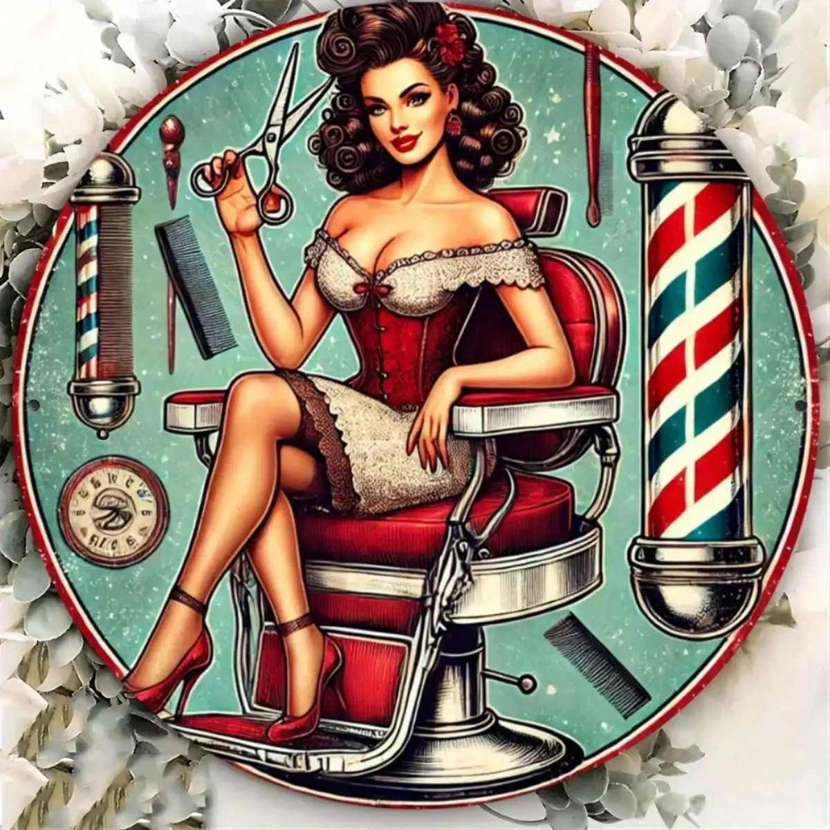 Letrero Metálico Vintage para Barbería - Diseño Redondo Retro con Rayas Rojas y Blancas, Tijeras y Peine, Decoración de Pared Duradera de Hierro Art Deco