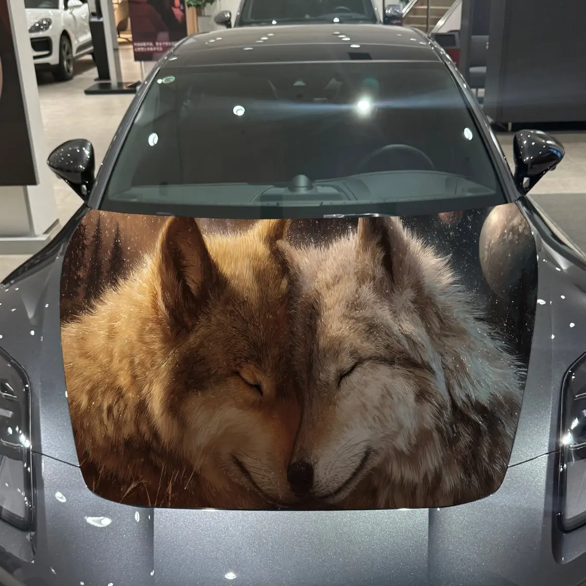 

Snuggling Wolf Romantic Aesthetic Exploration PVC Car Hood Wraps, Self-Adhesive Waterproof Car Bonnet Decal Sticker, Car Decorat