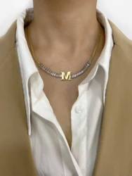 Peri'sbox Stainless Steel Gold Pvd Plated Baguette Cz Zircon Initial Choker Necklace for Women Tennis Snake Chain Necklaces New