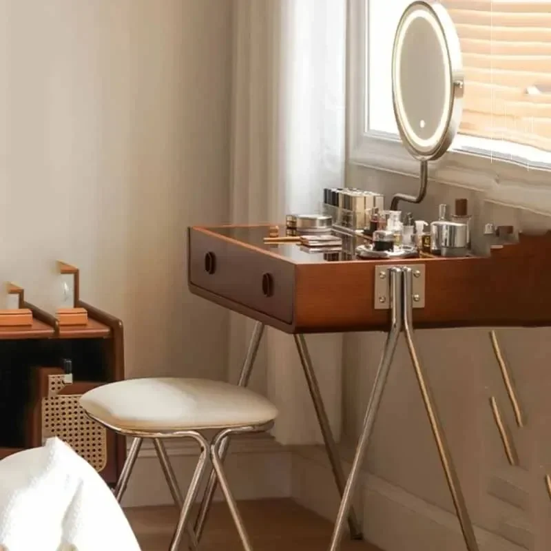 أدراج البراز مضمد مع صندوق مرآة البني الحديثة الفاخرة ماكياج خلع الملابس الجدول تخزين خشبي Comoda Para Quarto الأثاث #5