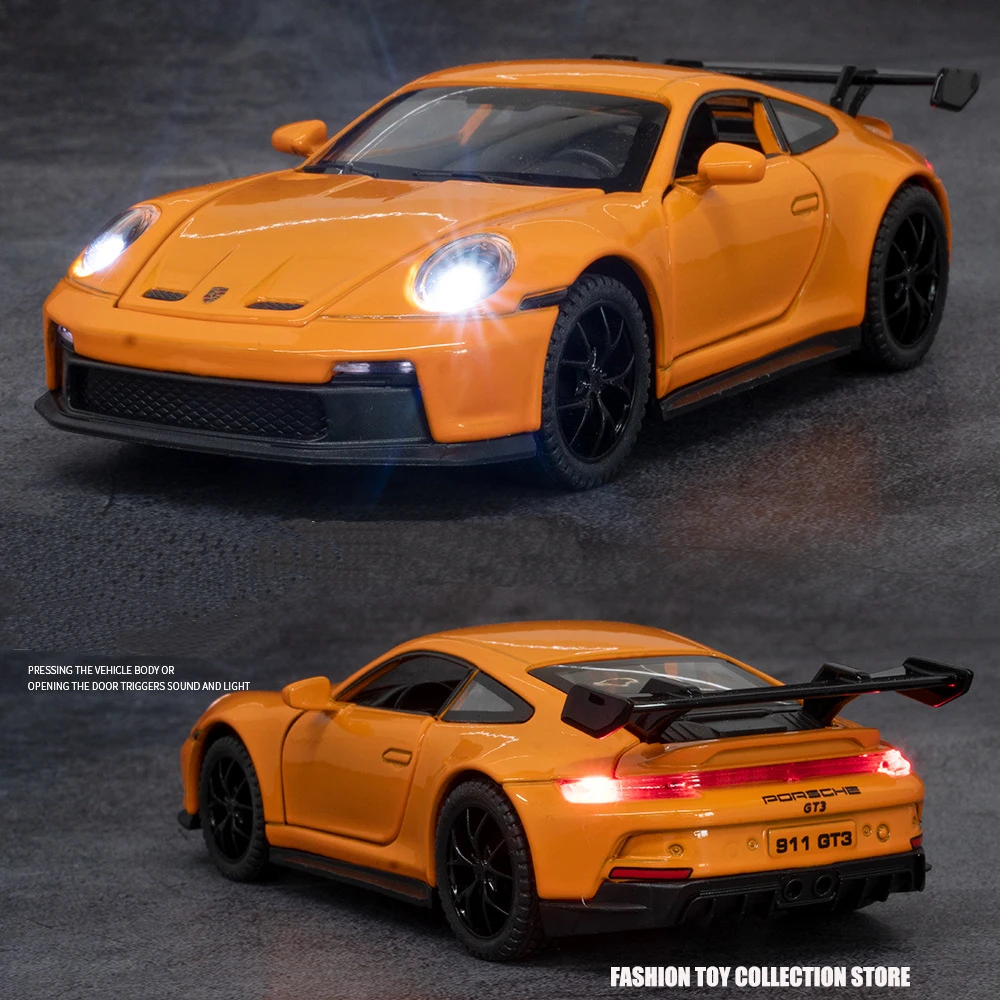 Porsche 911 GT3 Sport Alloy Car Model, Diecasts Brinquedo com Som e Veículos Leves, Decoração Brinquedos, Presente para Crianças, 1: 32