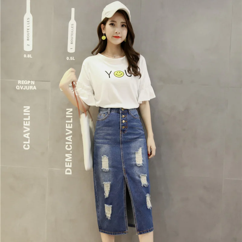 Women's Ripped Hole Denim Skirt, Long, High Waist, Single Breasted, Straight, Front Split, Slim, Sexy Fashion, Spring