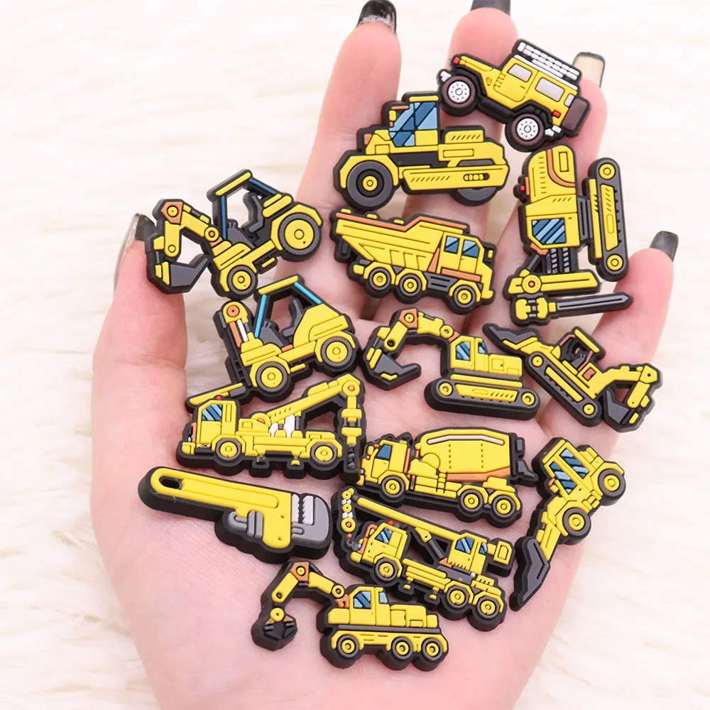 1-14Pcs Driver Car Engineering Vehicle Cartoon Excavator PVC Shoe Charms Accessories Slippers Decoration Fit Wristbands Gift