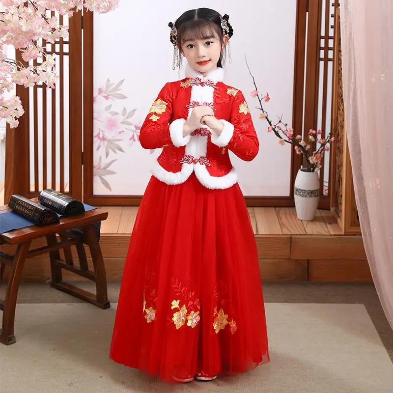 小さな女の子のための新年のコスチュームセット,手作りの綿,厚い漢服,中国風,ウエスタンスタイル,小さな女の子のための