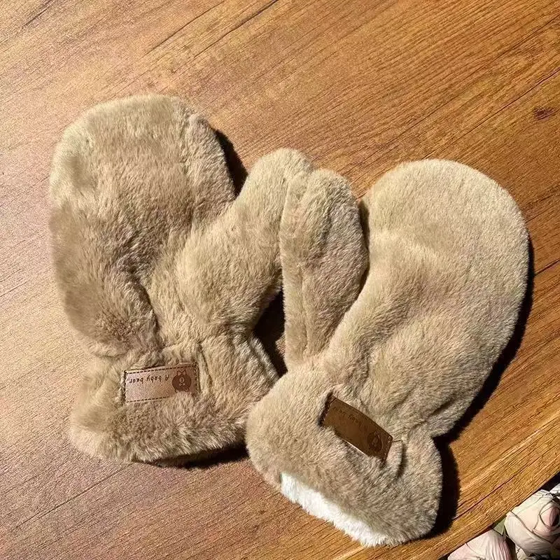 겨울 양털 플러시 베어 패치 장갑 여성용 목 스트라이프 귀여운 학생용 라이딩 보온 두꺼운 따뜻한 추운 날씨용 ​