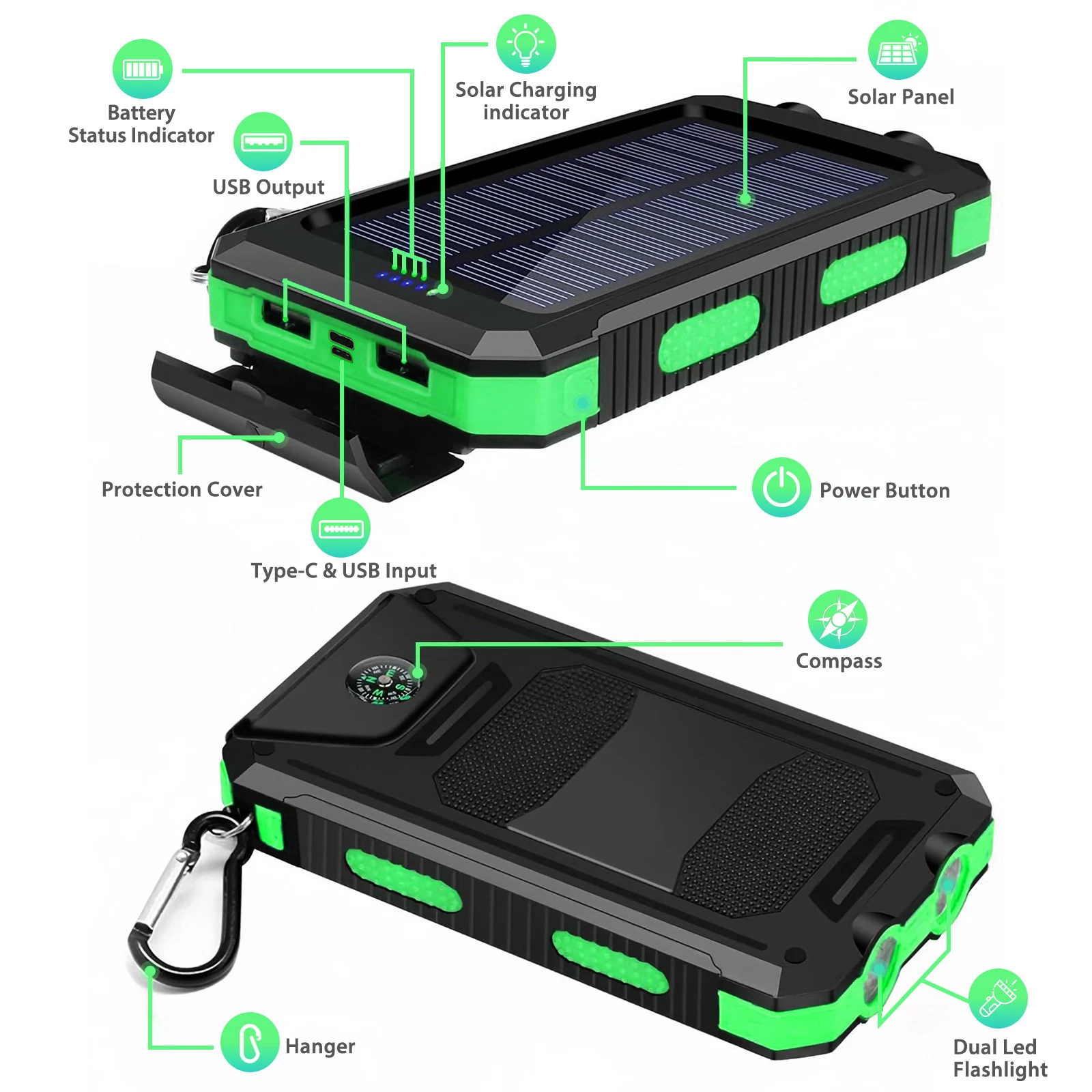 10000mAh Solar Power Bank Portable Waterproof Outdoor Dual 5V 1A USB Ports Fast Charging LED Flashlight for iPhone Tablets view 5