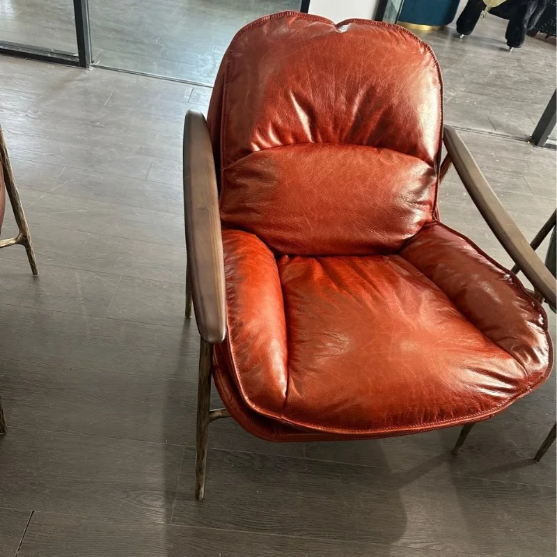 Single sofa chair retro oil wax leather leisure chair designer American chair high backrest