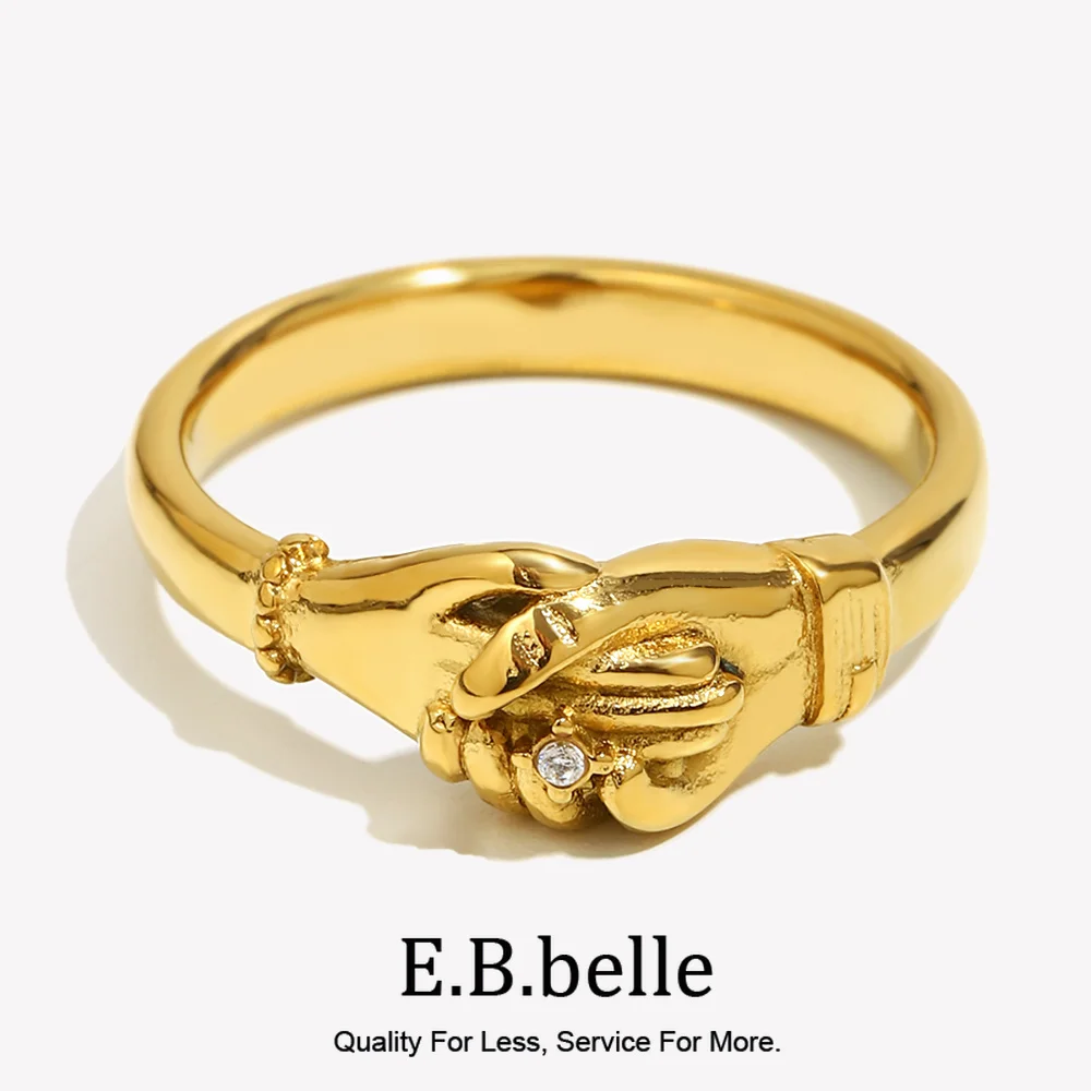 E.B.belle Love Handshake-Ring aus Edelstahl, 18 Karat vergoldet, anlaufgeschützt, für Modeliebhaber, Damenschmuck, Valentinstagsgeschenk