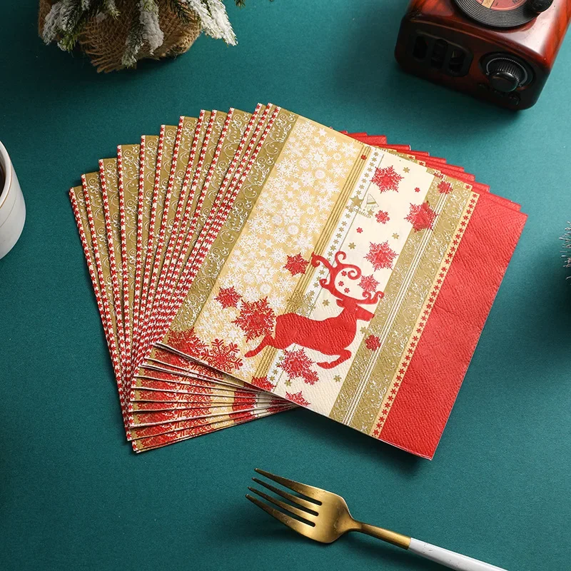 10/20 Stuks 33Cm 2-laags Kerst Themafeest Elanden Print Rood Goud Servetten Kleurrijk Kerst Serie Vierkante Servetten Papieren Placemats