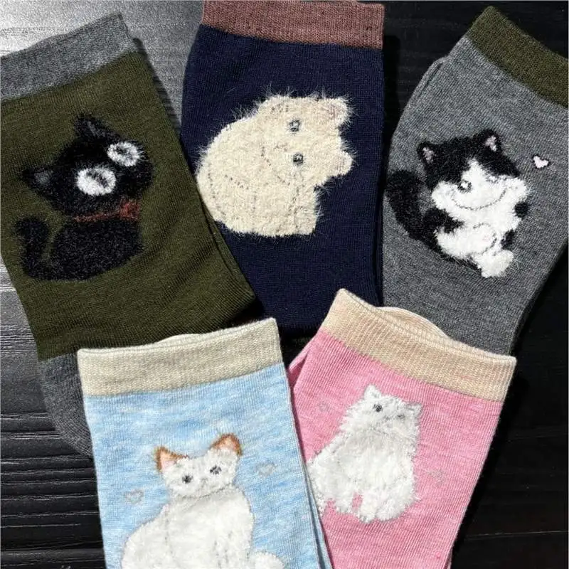 Cute Cartoon Kitten Pattern Women's Socks Knitted Flocked Lolita Fashion Versatile Mid-Calf Socks Wholesale