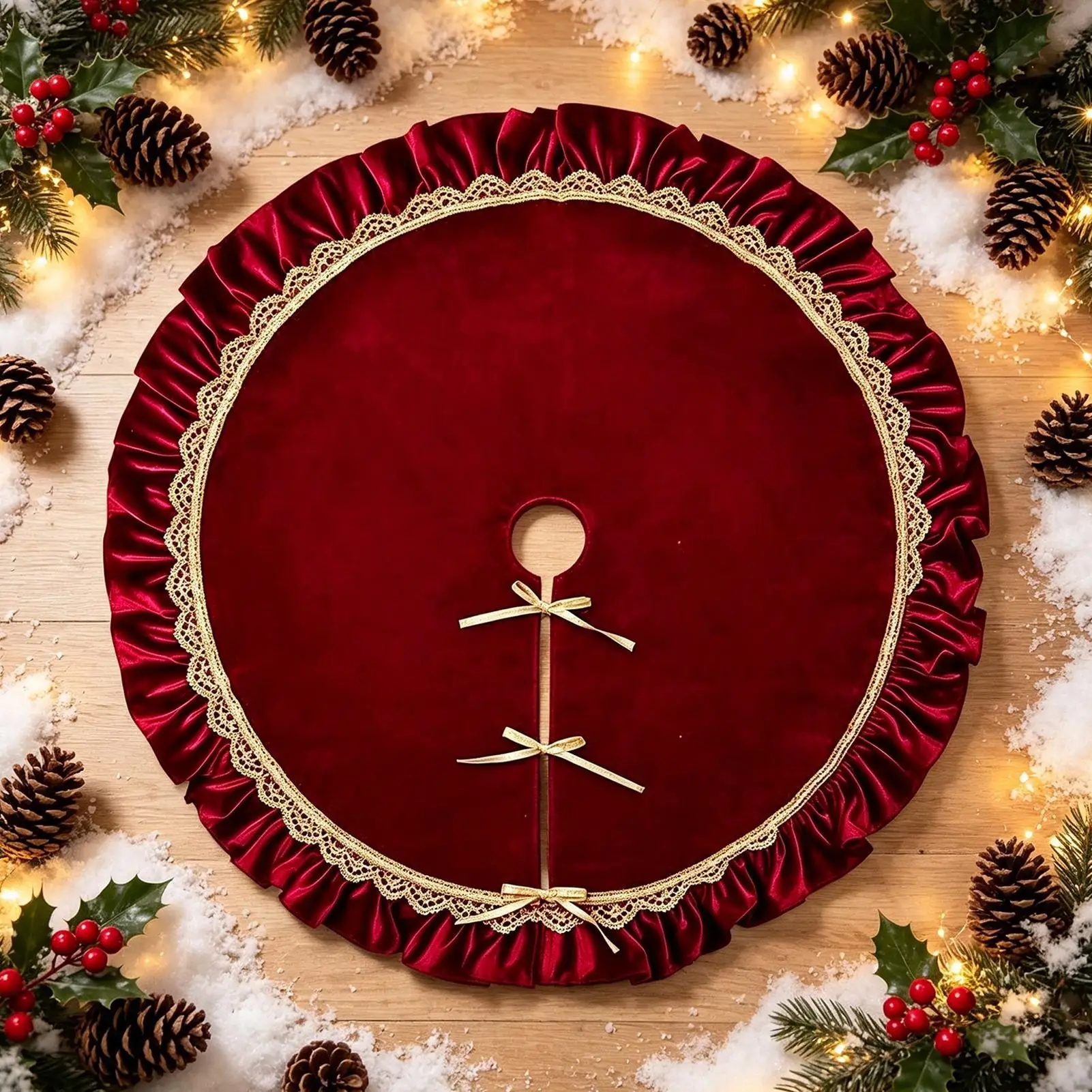 Christmas Tree Skirt 48in Rustic Farmhouse Wine Plush Mat Skirt Christmas Tree Carpet For Home Kitchen Dining Room Party Holiday