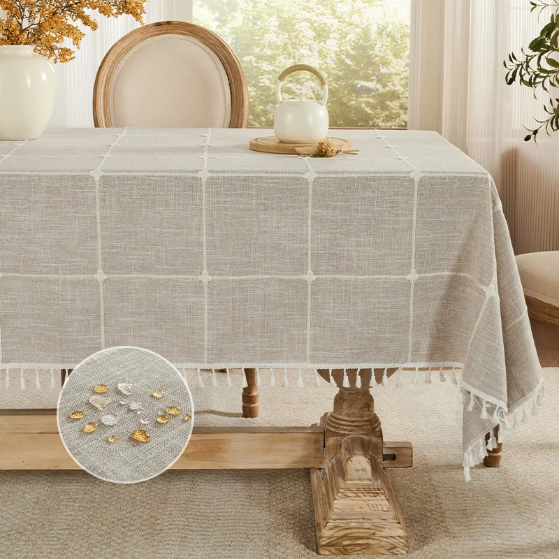 

Waterproof Tablecloth Burlap Linen Wrinkle Free Rectangle Table Cloth with Tassel for Table Rustic Tablecloths Outdoor for Party