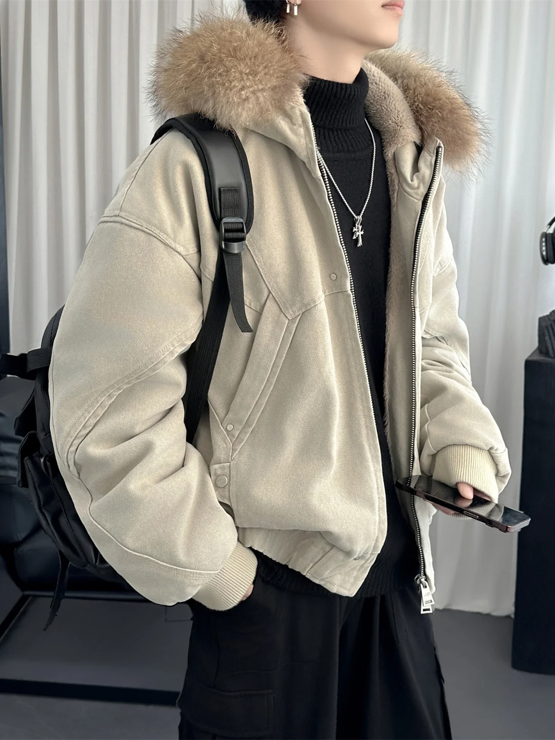 

Мужская зимняя куртка American Sle Cleanfit с капюшоном, утепленная флисом и овчиной, с меховым воротником, повседневная, теплая