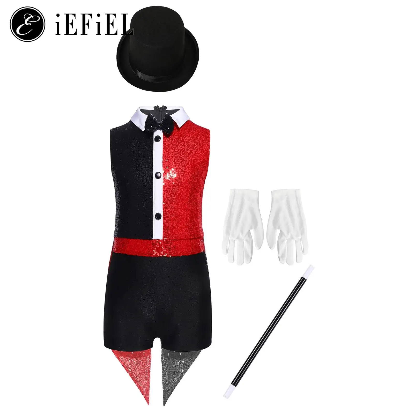

Girls Magician 5 Pieces Full Sets Sequins Button Down Bodysuits with Tailcoat Magic Wand Gloves Hat Halloween Cosplay Costume