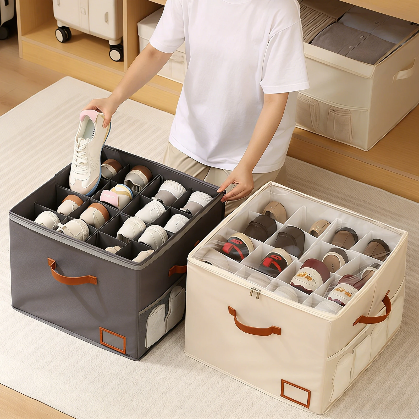 

Shoe Cubby Containers with Side Mesh Pocket & Clear Cover Shoe Bins Space Saving Storage Box Home Organizer for Closet Wardrobe